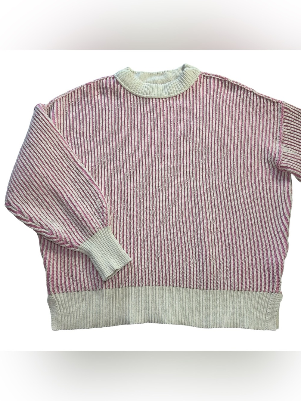 Aerie Women’s Oversized Sweater XS Pink Beige Striped Ribbed Knit Slouchy Soft